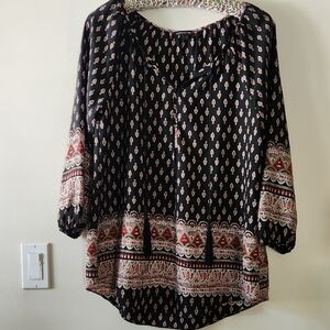 Black Boho Border-Print Tunic with Red and Cream Accents